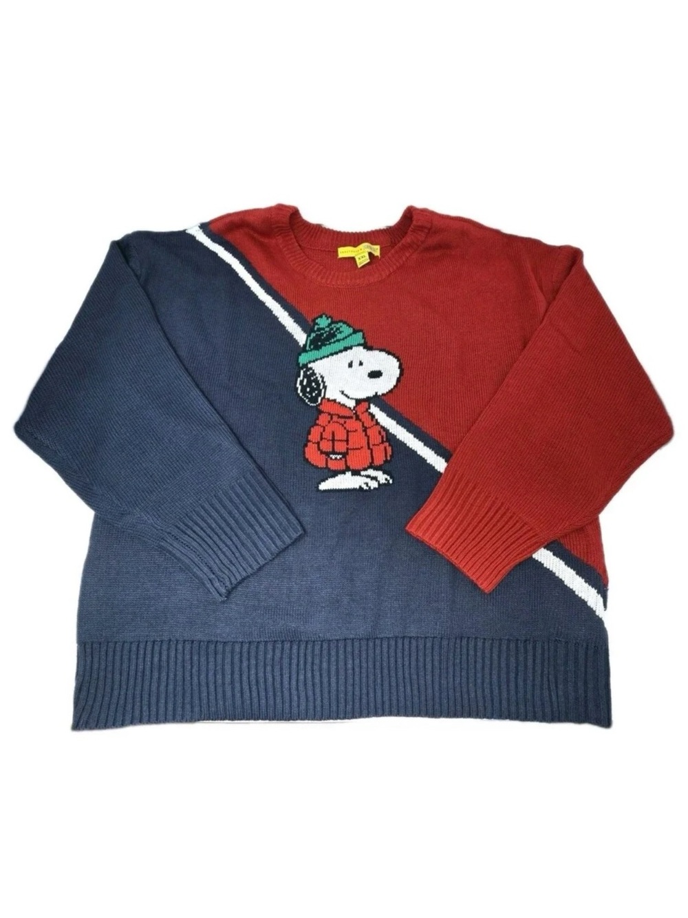 Sanctuary x Peanuts Snoopy Christmas Holiday Colorblock Sweater Navy Red L NWOT